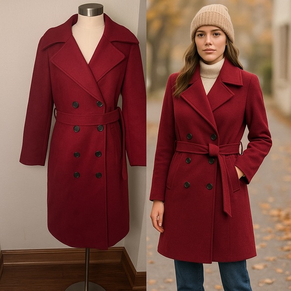 Escalier Wine Red Wool Blend Trench Coat Belted Double-Breasted M NWT - Picture 1 of 12